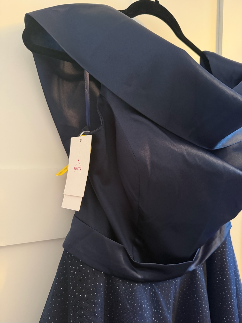 NWT Modern Tea-length A-Line Off-the-shoulder Satin Tulle Formal Dress. Navy 12 - Picture 5 of 10